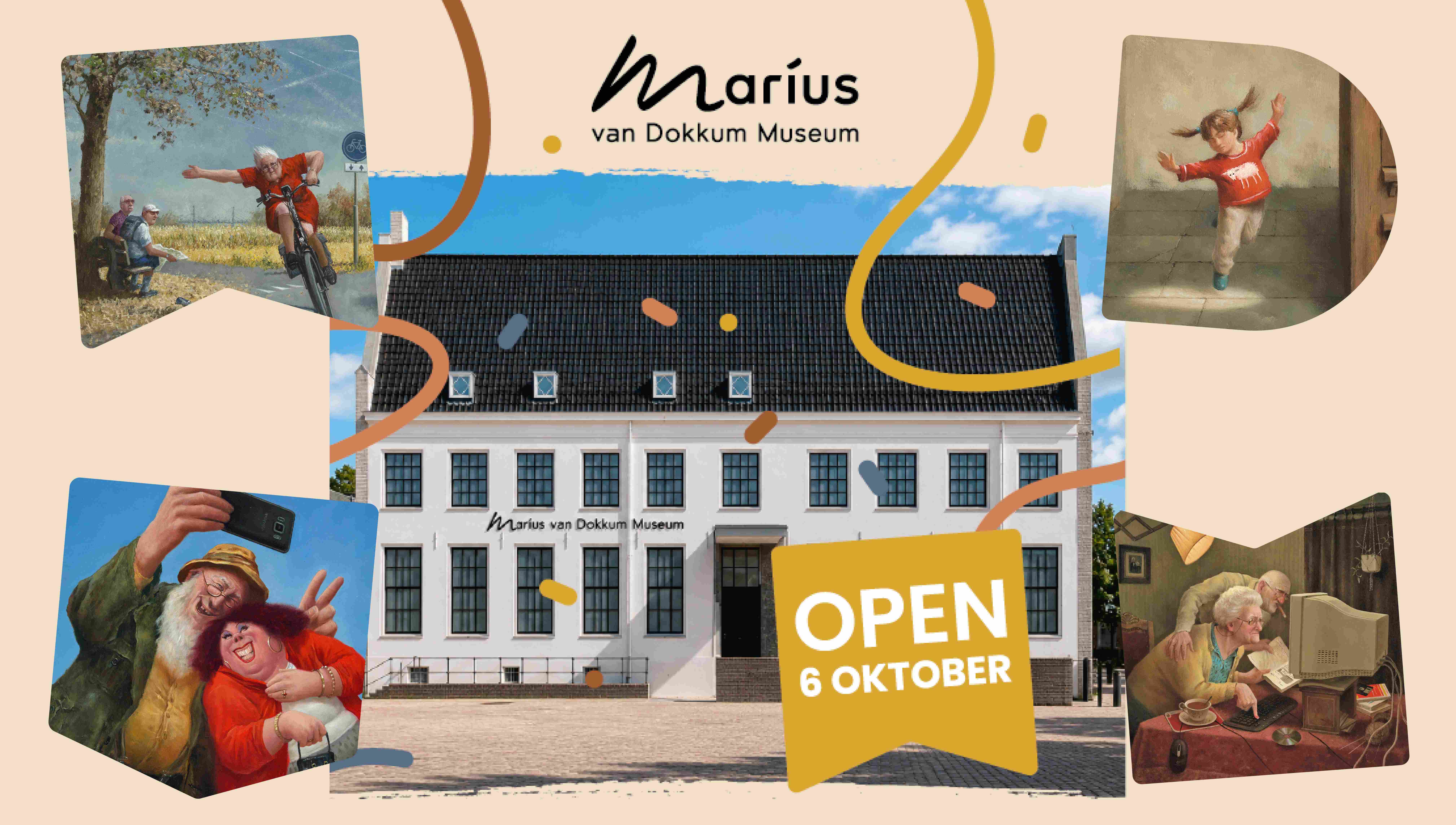 Collage ter aankondiging van de opening van het nieuwe Marius van Dokkum Museum op 6 oktober, met het museumgebouw en verschillende schilderijen van Marius van Dokkum.