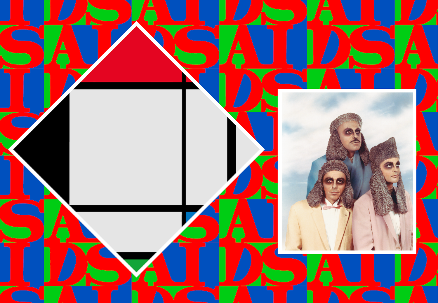 Campagnebeeld General Idea, Collage van twee werken van General Idea. Rechts: een werk geinspireerd op Mondriaan maar dan met de kleur groen. Rechts: foto van drie mannen met poedelmutsen op.