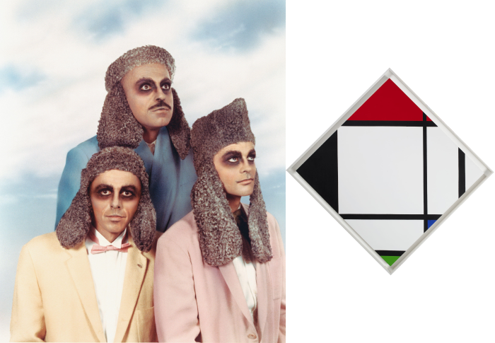Collage van twee werken van General Idea. Links: foto van drie mannen met poedelmutsen op. Rechts: een werk geinspireerd op Mondriaan maar dan met de kleur groen.