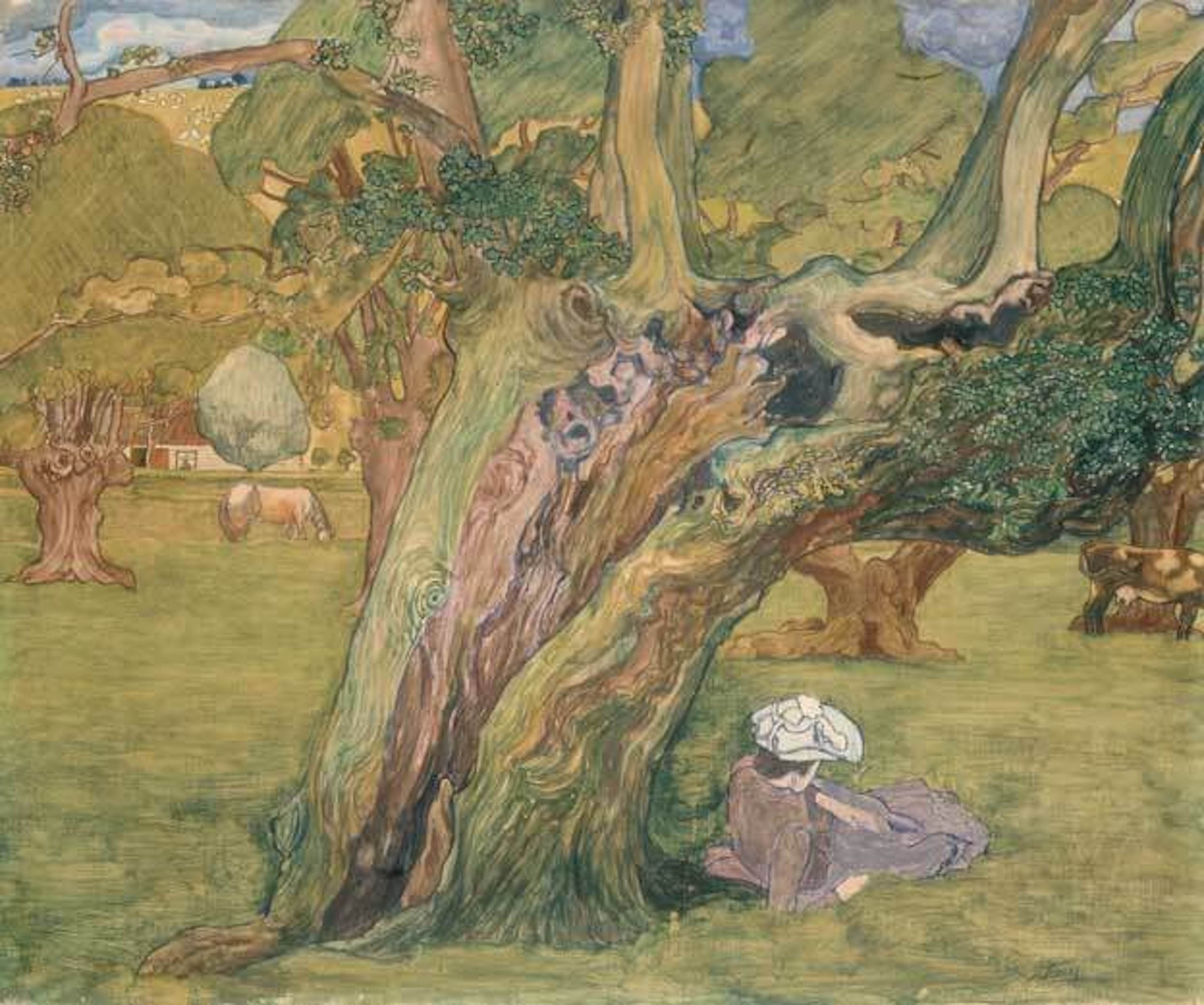 Schilderij van Jan Toorop met een grote eik op de voorgrond en een vrouw in een lila jurk