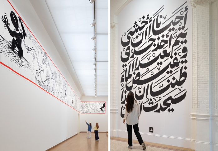 Collage van twee foto's. Links: twee mensen kijken en wijzen omhoog naar een werk van Keith Haring. Rechts: een persoon staat voor een werk van Sarkis en kijkt omhoog.