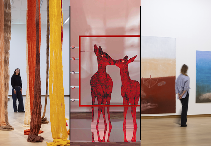 collage van zaaloverzicht foto's Unravel, Circulate en Miriam Cahn