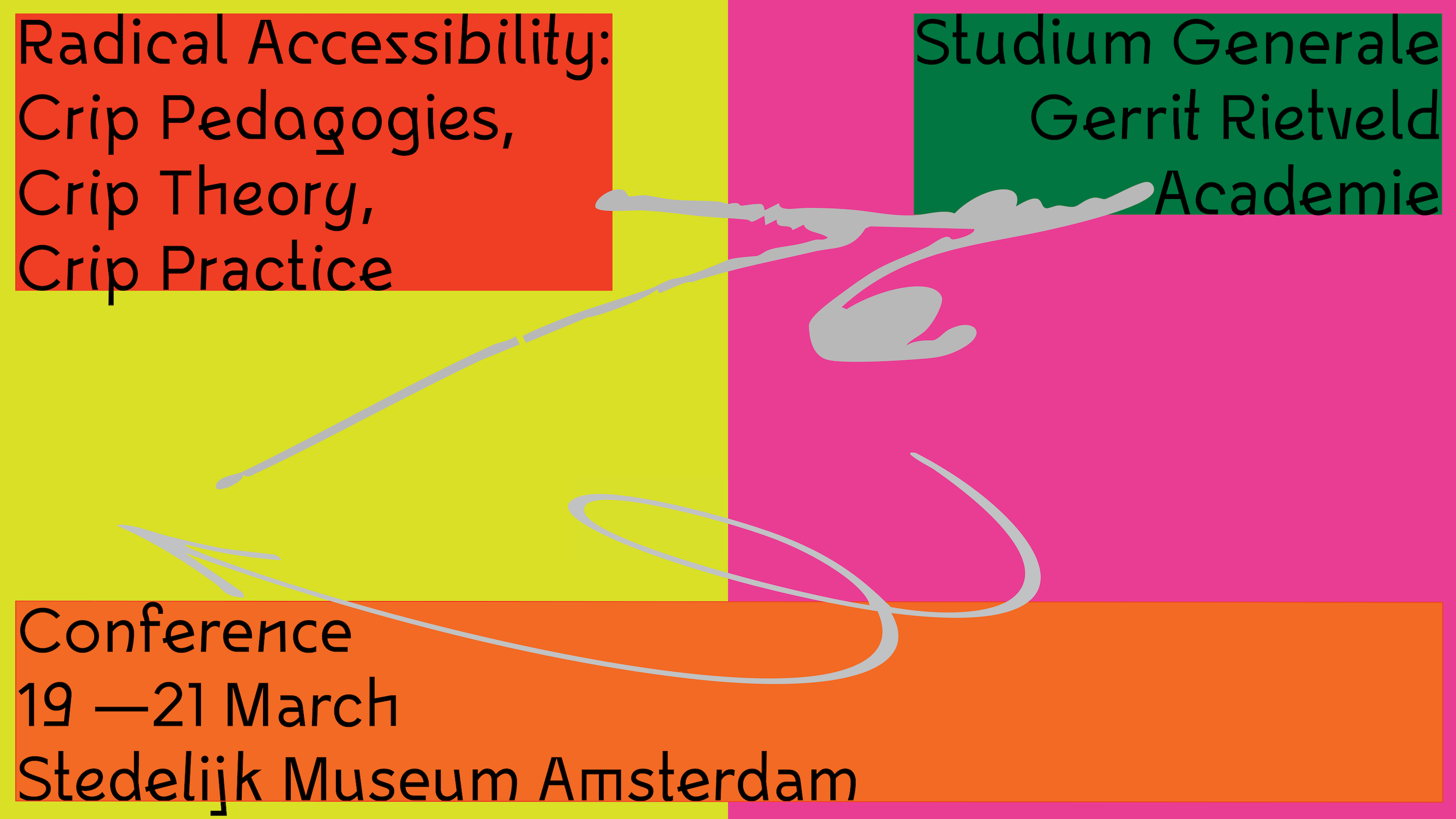 Grafisch ontwerp ter aankondiging van het programma van Studium Generale. De data van 19 tot en met 21 maart staan genoemd en het thema Radical Accessibility.