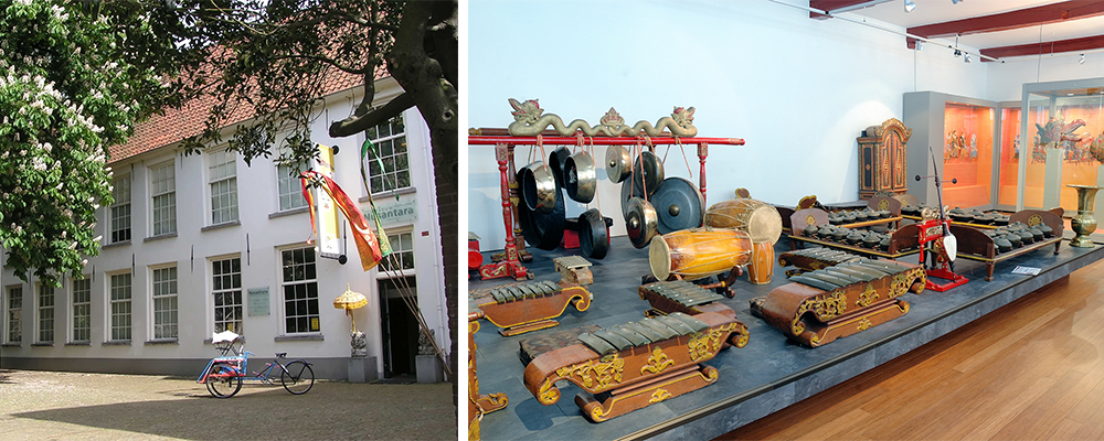 Former Museum Nusantara (left) and set of traditional musical instruments from the former Nusantara Collection (right) (photos: Museum Prinsenhof Delft)