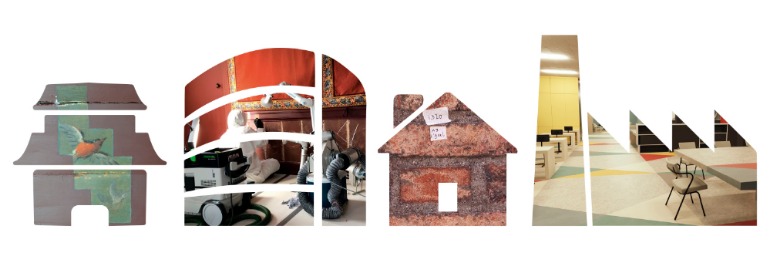 Logo met silhouetten van vier gebouwen met daarin foto's verwerkt