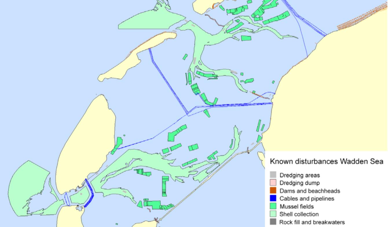 Known disturbances in the Wadden Sea area (the Netherlands), which may pose a threat to underwater heritage sites (image: Periplus Archeomare/Cultural Heritage Agency of the Netherlands)